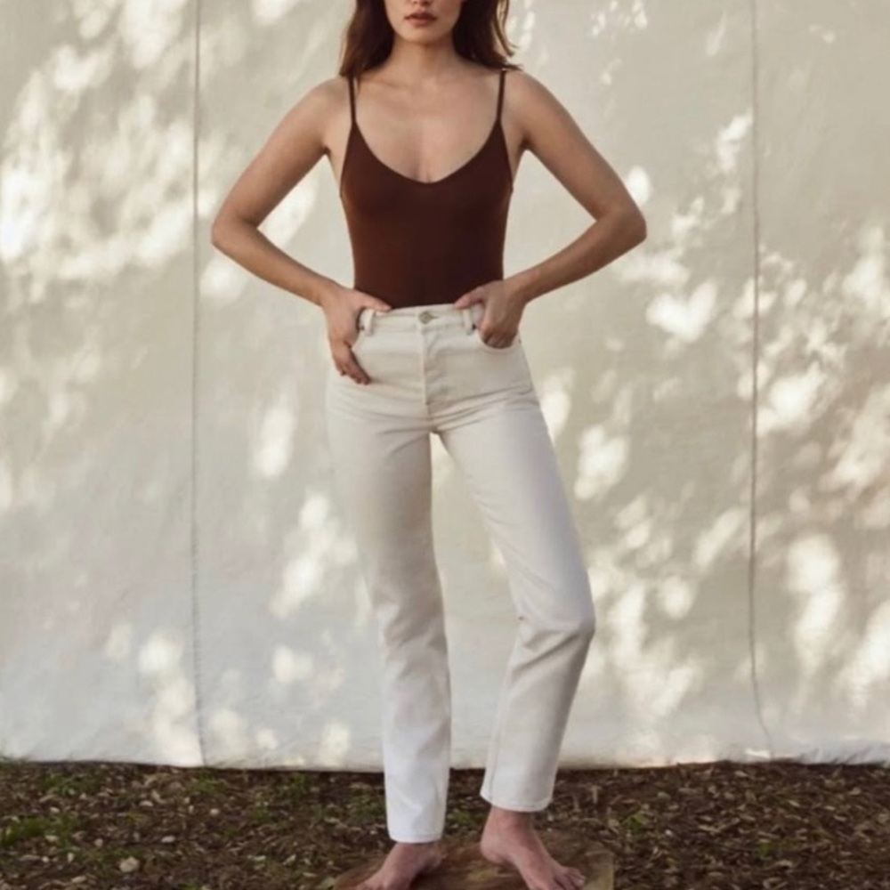 Reformation High Rise Straight Jeans in Ivory with Brown Top